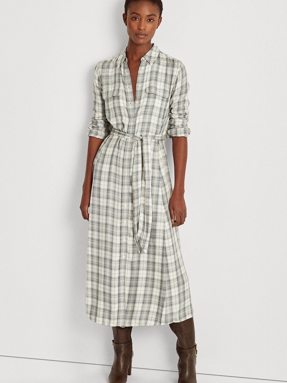 Polo by Ralph Lauren Plaid Flannel Twill Shirt Maxi Dress in Cream & Gray